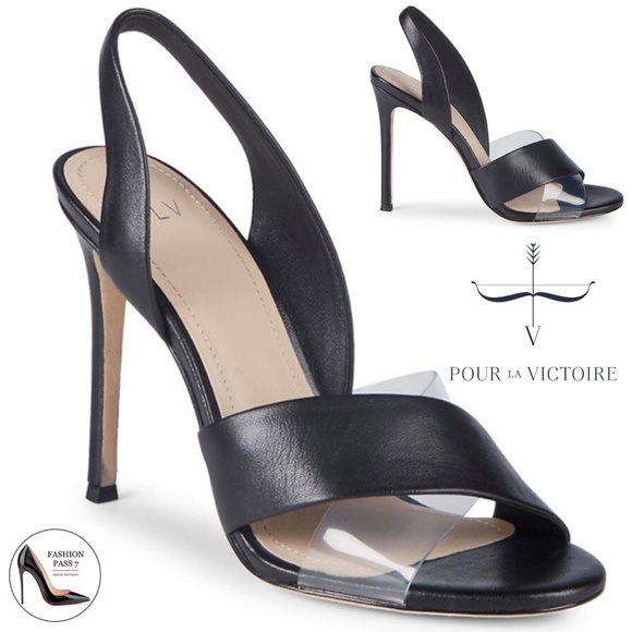 Pour La Victoire Elly Black Leather Slingbacks Stiletto Heel Pump Dress Sandal - Picture 1 of 12